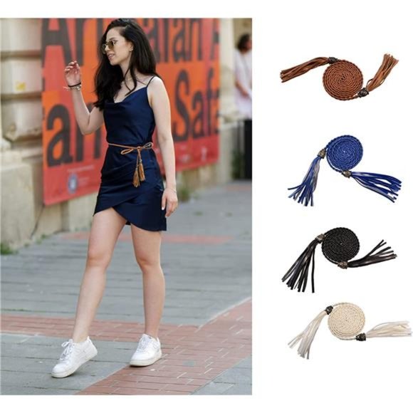 CT COTIM COYIN Women Braided Waist Belt Skinny Woven Tassel